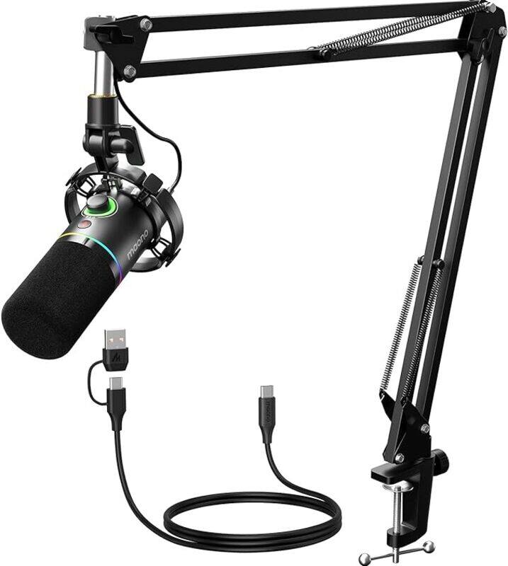 MAONO XLR USB Dynamic Microphone Kit RGB Podcast Mic with Software Mute Gain Knob Volume Control Boom Arm for Streaming Gaming VoiceOverRecording PD200XS Black