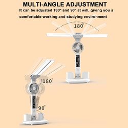 Foldable Double Head Led Fan Desk Lamp,USB Rechargeable Reading Lamp with Digital Temp, Time, Date, Pen Holders 3 Color Modes and Infinite Dimming