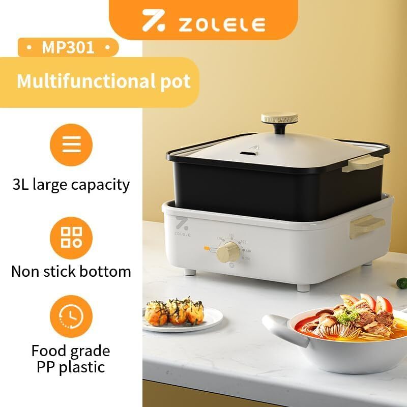 ZOLELE Split Cooking Pot 3L MP301 3 in 1 Multifunction Electric Cooking Pot With Non Stick 800W Electric Cooking Machine  Knob Control Panel  White