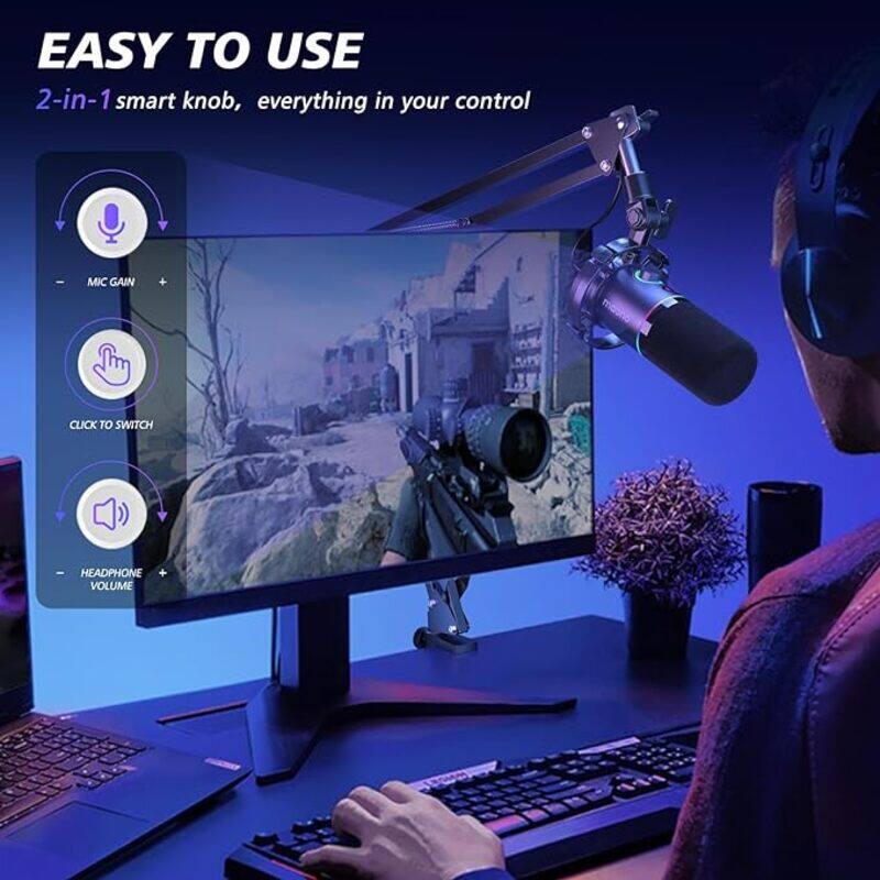 MAONO XLR USB Dynamic Microphone Kit RGB Podcast Mic with Software Mute Gain Knob Volume Control Boom Arm for Streaming Gaming VoiceOverRecording PD200XS Black