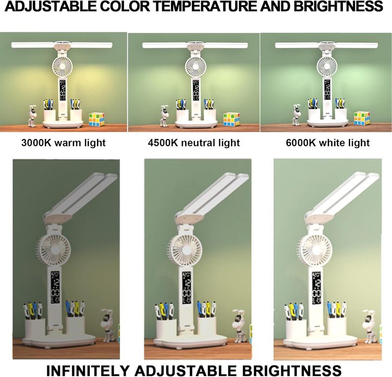 Foldable Double Head Led Fan Desk Lamp,USB Rechargeable Reading Lamp with Digital Temp, Time, Date, Pen Holders 3 Color Modes and Infinite Dimming