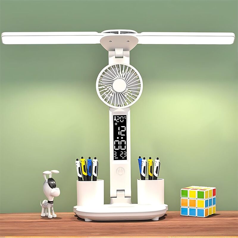 Foldable Double Head Led Fan Desk Lamp,USB Rechargeable Reading Lamp with Digital Temp, Time, Date, Pen Holders 3 Color Modes and Infinite Dimming