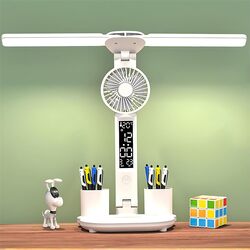 Foldable Double Head Led Fan Desk Lamp,USB Rechargeable Reading Lamp with Digital Temp, Time, Date, Pen Holders 3 Color Modes and Infinite Dimming