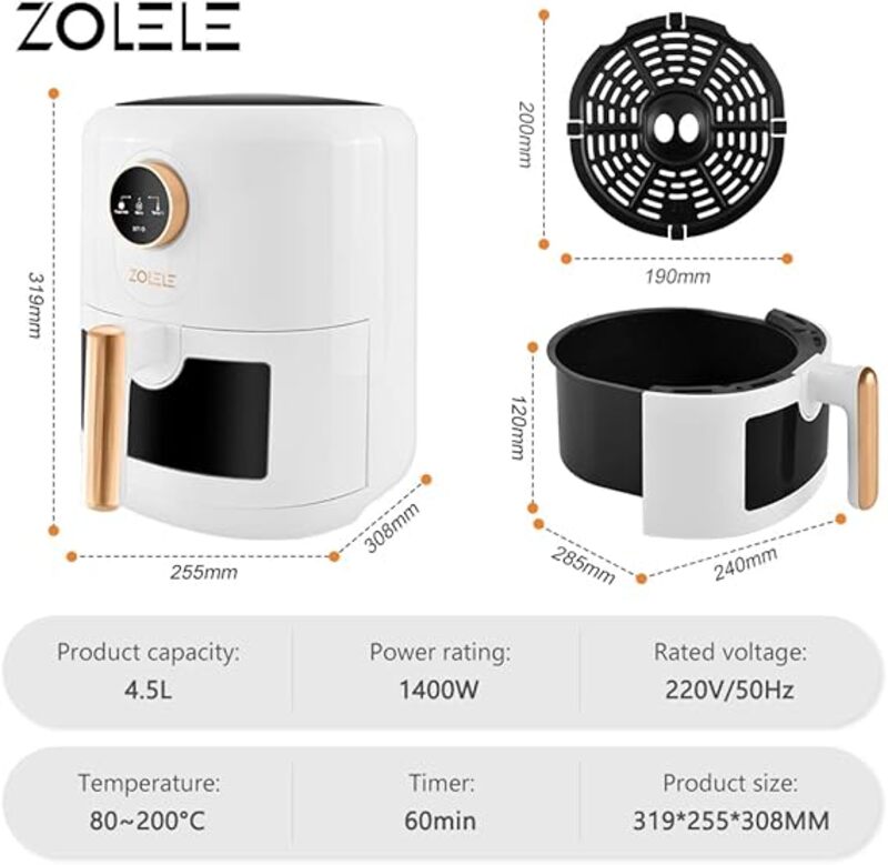 Zolele ZA004 Electric Air Fryer 45L Capacity NonStick Coating Fried Basket Knob Control Temperature Pull Pan Automatic Power Off 1400W Power  WHITE