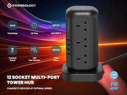 Powerology 12 Socket MultiPort Tower HUBCharge 17 Devices At Optimal Speed 3M GaN Technology