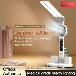 Foldable Double Head Led Fan Desk Lamp,USB Rechargeable Reading Lamp with Digital Temp, Time, Date, Pen Holders 3 Color Modes and Infinite Dimming