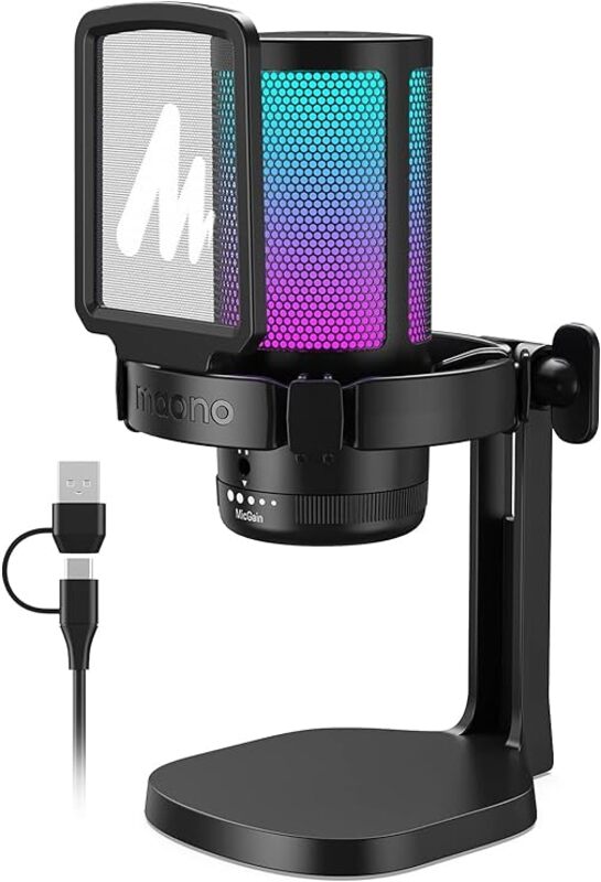 MAONO USB Condenser Microphone for Gamer PC RGB Microphone with Noise Cancellation Silence Gain and Monitoring for Stream Podcast  Twitch   YouTube  Computer Mobile and PS5 PS4 GamerWave