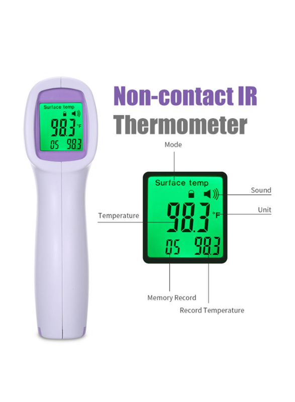 Non Contact Infrared Forehead LCD Digital Display Thermometer, MD1042, White/Purple