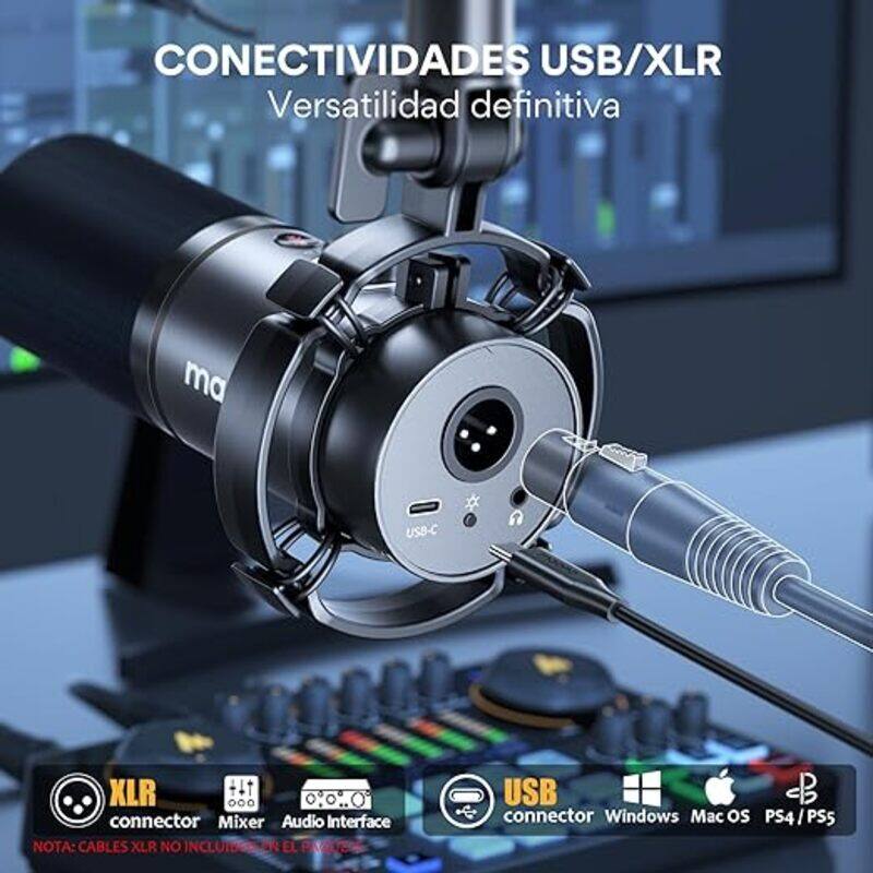 ميكروفون MAONO PD200X XLR USB ديناميكي للبودكاست للكمبيوتر الشخصي مع برنامج لتسجيل تيار الألعاب وميكروفون معدني مع كسب سماعة الرأس الصامتة وإعدادات الصوت باللون الأسود