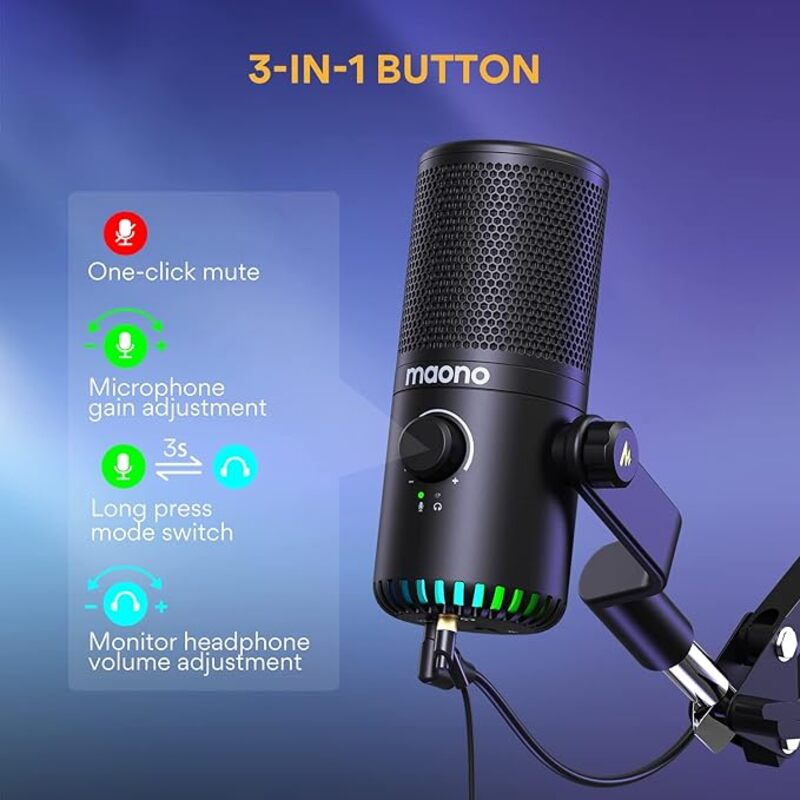 MAONO USB Gaming Microphone for PC Programmable Condenser Mic with RGB Light MuteGain MonitoringVolume Control for Streaming Podcast Twitch YouTube Discord Computer Mac PS5 DM30 BlacK