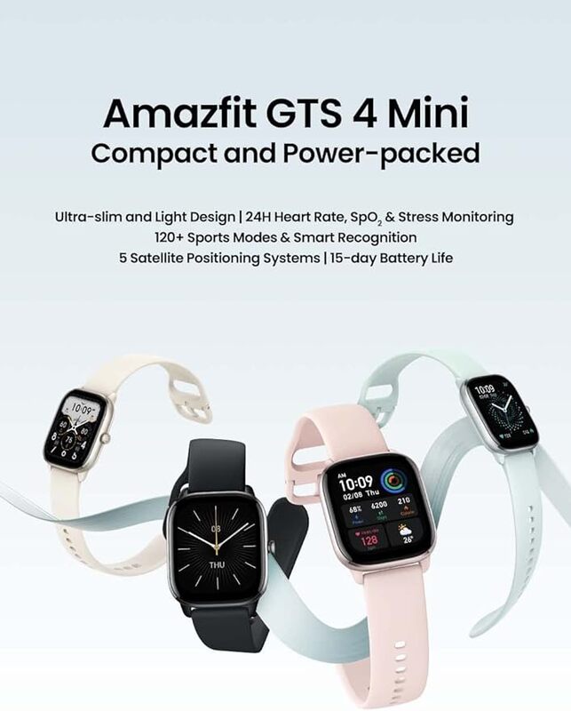 Amazfit GTS 4 ساعة ذكية 175 بوصة شاشة AMOLED 247 إدارة الصحة بلوتوث مكالمات هاتفية نظام تحديد المواقع تخزين الموسيقى