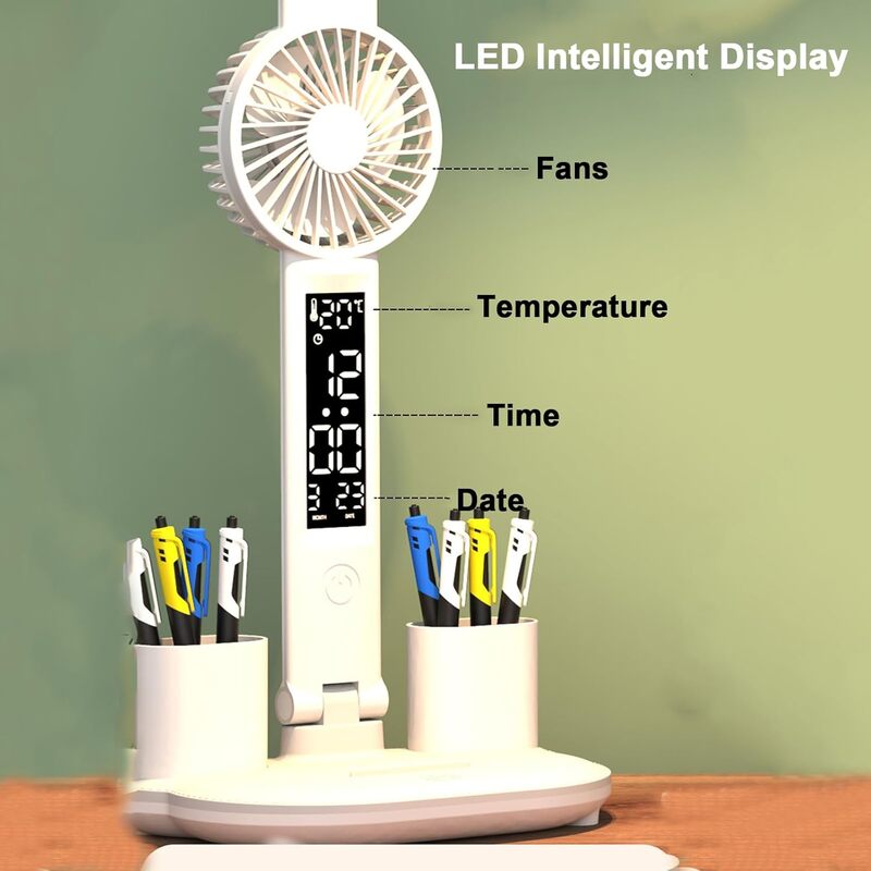 Foldable Double Head Led Fan Desk Lamp,USB Rechargeable Reading Lamp with Digital Temp, Time, Date, Pen Holders 3 Color Modes and Infinite Dimming