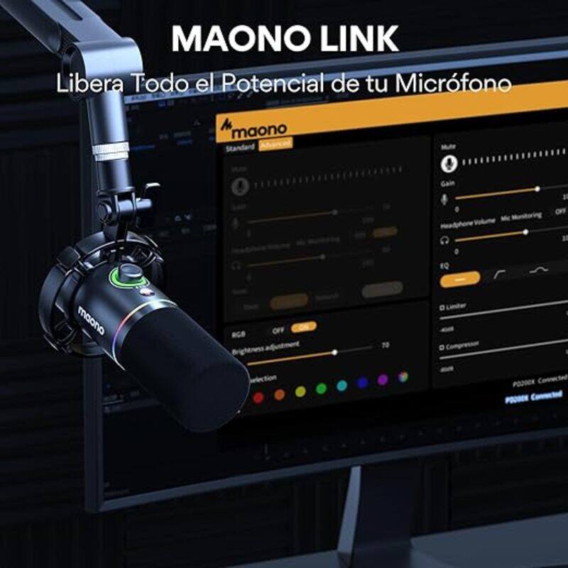 ميكروفون MAONO PD200X XLR USB ديناميكي للبودكاست للكمبيوتر الشخصي مع برنامج لتسجيل تيار الألعاب وميكروفون معدني مع كسب سماعة الرأس الصامتة وإعدادات الصوت باللون الأسود