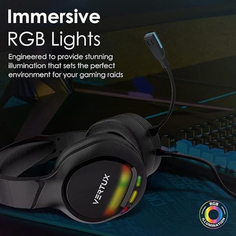 Vertux Gaming Headset OverEar NoiseIsolating  OmniDirectional Mic 2 YearsWarrantyRGB Light  50mm DistortionFree Drivers