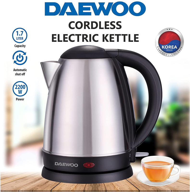 Daewoo 1.7L Stainless Steel Electric Kettle, 2200W, DEK1518, Silver/Black