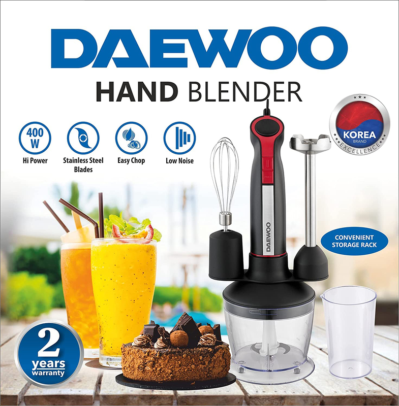 Daewoo 4-in-1 Stainless Steel Hand Blender with Chopper and Whisk Korean Technology, 400W, DHB1540, Black