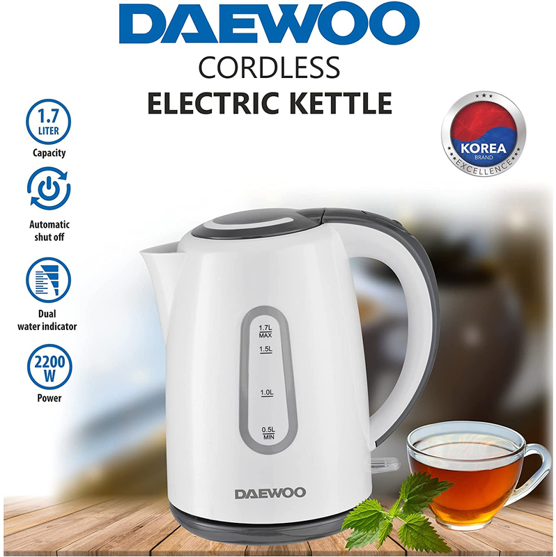 Daewoo 1.7L Plastic Electric Kettle, 2200W, DEK8806, White/Grey