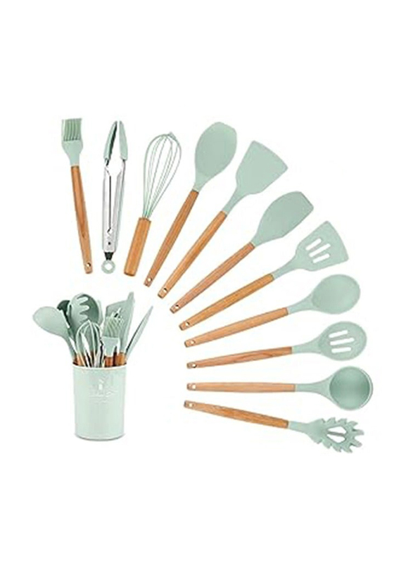 

Generic 12-Pieces Cooking Kitchen Silicone Utensils Set with Premium Wooden Brown Handle, Light Green