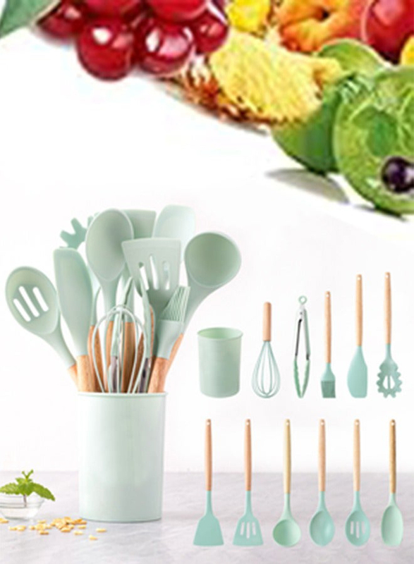 12-Pieces Cooking Kitchen Silicone Utensils Set with Premium Wooden Brown Handle, Light Green