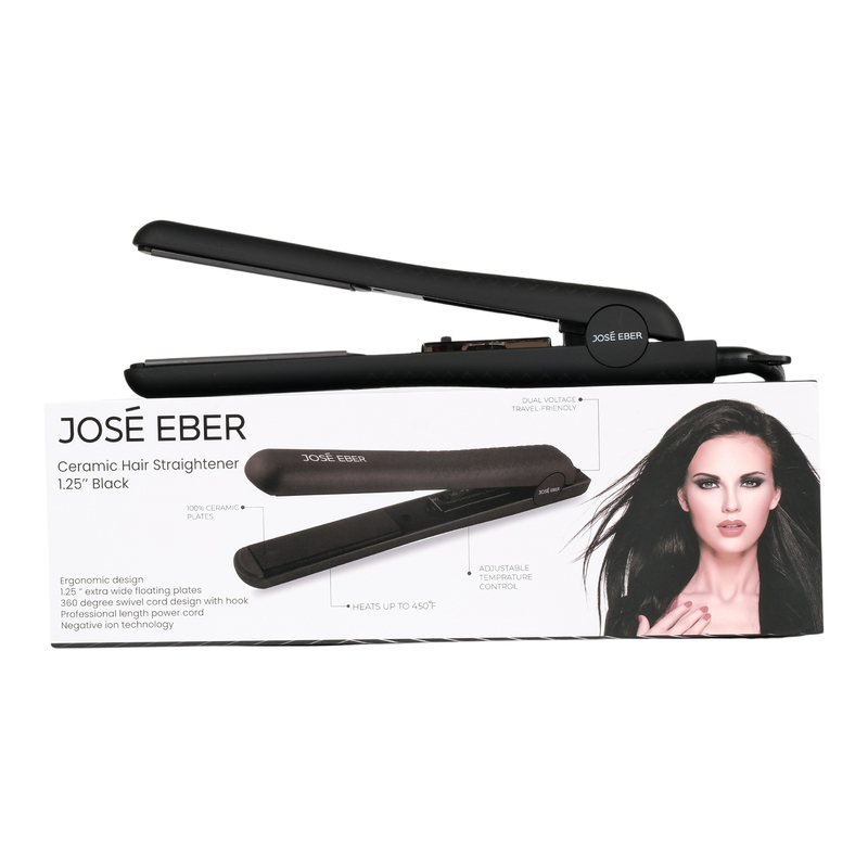 Jose Eber  Pure Ceramic Flat Iron - Frizz-Free Styling Hair Straightener for Salon-Quality Results- Dual Voltage Travel Iron Black
