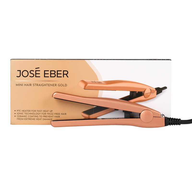 Jose Eber  Mini Portable Flat Iron - Ceramic Tourmaline Hair Straightener for Travel, Short Hair Styling, Dual Voltage - Fast Heat Up Mini Flat Iron Gold