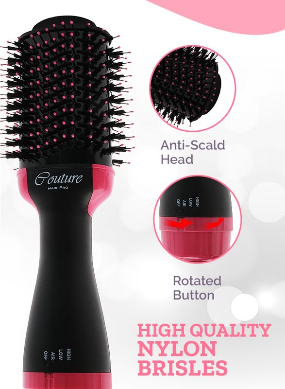 Couture Hair Pro Hot Air Brush -3 in 1 straightening brush, volumizer and hair dryer-Premium Salon Quality Pink