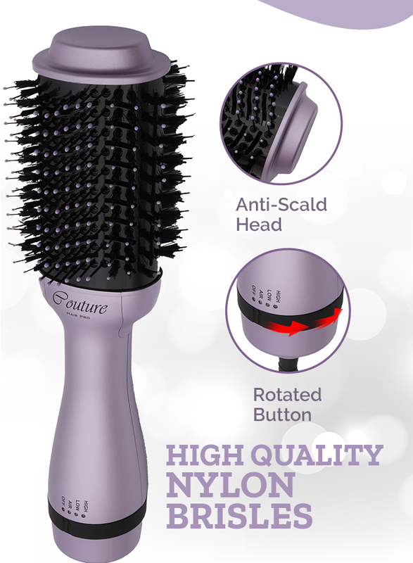Couture Hair Pro Hot Air Brush -3 in 1 straightening brush, volumizer and hair dryer-Premium Salon Quality Lavender