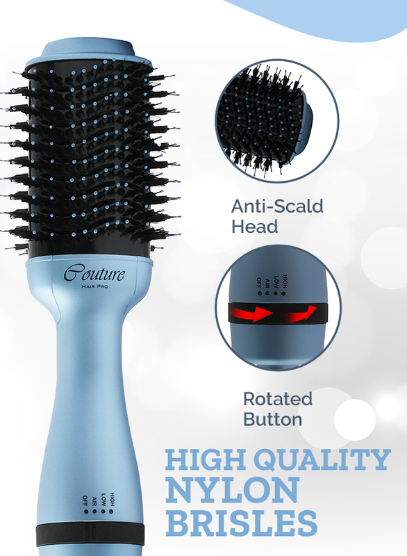 Couture Hair Pro Hot Air Brush -3 in 1 straightening brush, volumizer and hair dryer-Premium Salon Quality Baby Blue
