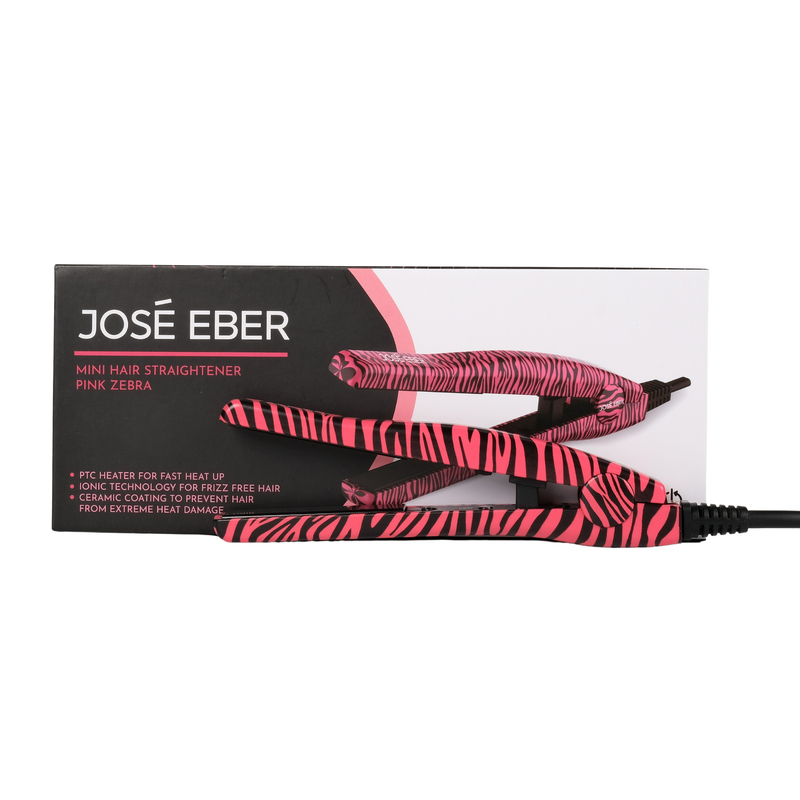 Jose Eber  Mini Portable Flat Iron - Ceramic Tourmaline Hair Straightener for Travel, Short Hair Styling, Dual Voltage - Fast Heat Up Mini Flat Iron Pink Zebra