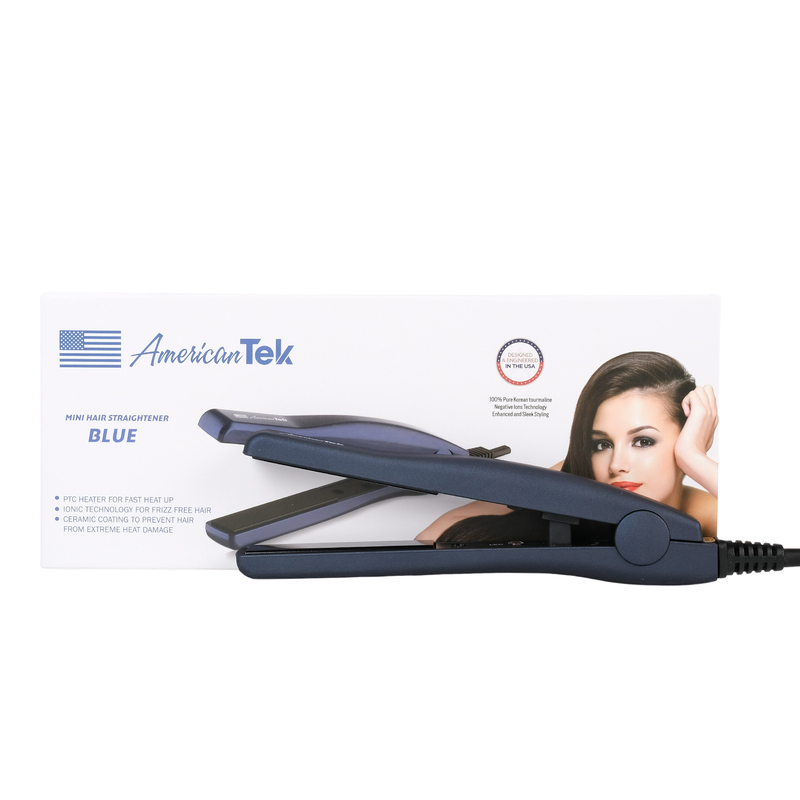 American Tek Mini Portable Flat Iron - Ceramic Tourmaline Hair Straightener for Travel, Short Hair Styling, Dual Voltage