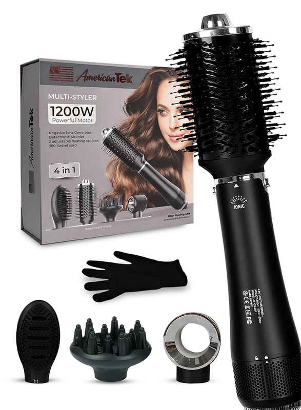 American Tek 4-in-1 Hot Air Brush Styler & Dryer - Hair Dryer Brush Blow Dryer Brush in one - Round Brush Blow Dryer Volumizing Hair Dryer Brush - Ionic Hair Dryer with attachments - Travel Friendly