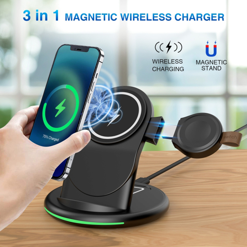 Amberjack W-03 3-in-1 Magnetic Wireless Charger with 15W Adapter/USB-C Cable, AU Plug, Black