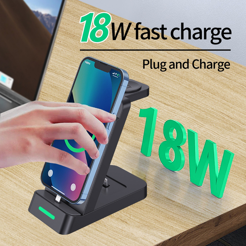 Amberjack B20 3-in-1 Wireless Charger Stand Charger Dock, 18W, Black