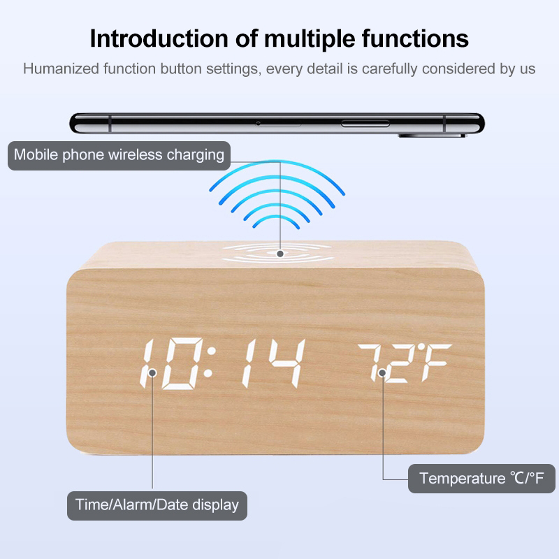 Amberjack KD8801 Regular Style Wooden Creative Wireless Charger with LED Mirror Digital Display, Sub-Alarm Clock and White Characters, 5W, White