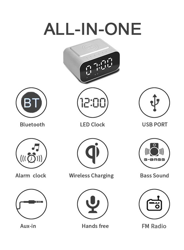 Amberjack BT510 Multifunctional LED Clock Wireless Charger with Bluetooth Speaker, 15W, White