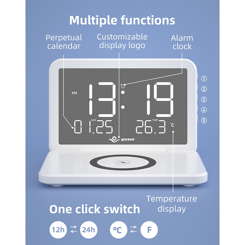 Amberjack SY-118 Foldable Mirror Surface Perpetual Desk Calendar Clock Wireless Charger with Alarm Clock and Three-Level Brightness Adjustable Function, 15W, White