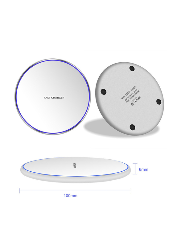 Amberjack Metal Round Wireless Smart Fast Charger for Qi Enabled Devices, 15W, Silver/White