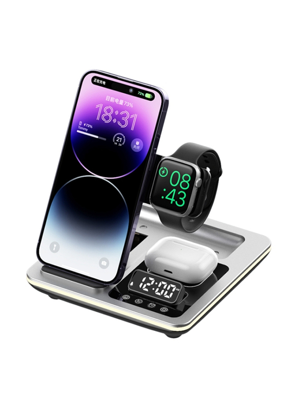 Amberjack 5-in-1 Multifunctional Foldable Wireless Charger Desktop Phone Stand, 15W, A93, Silver