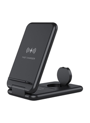 Amberjack 3-in-1 Foldable Qi Fast Wireless Charger Station Phone Holder, 15W for iPhones, iWatchs and Airpods, Black
