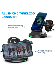 Amberjack W-03 3-in-1 Magnetic Wireless Charger with 15W Adapter/USB-C Cable, AU Plug, Black