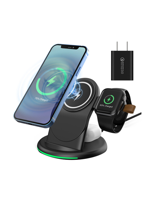 Amberjack W-03 3-in-1 Magnetic Wireless Charge with 15W Adapter, USB-C Cable, Black