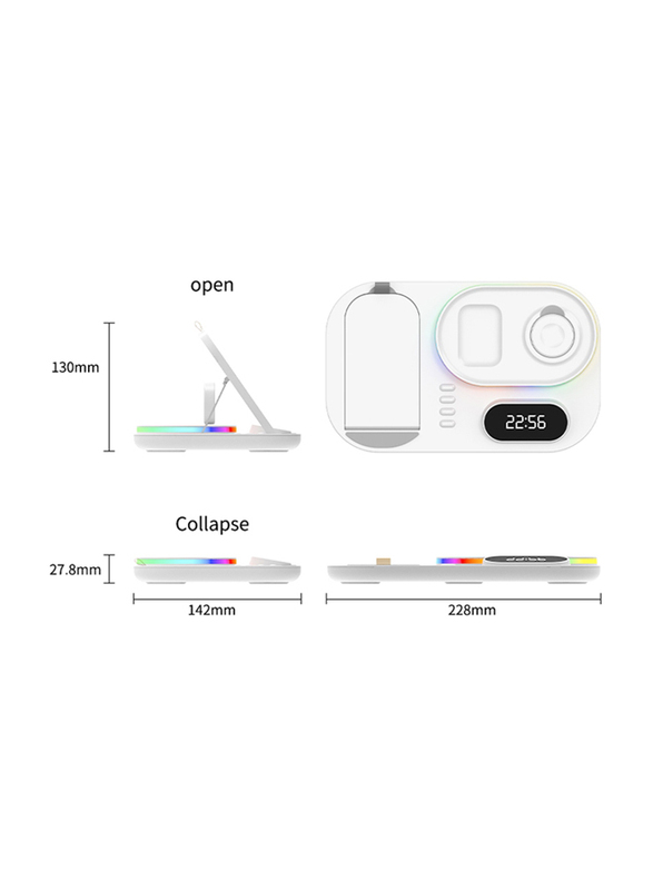 Amberjack A06 3-in-1 Fast Charging RGB Atmosphere Light Wireless Charger with Clock, White