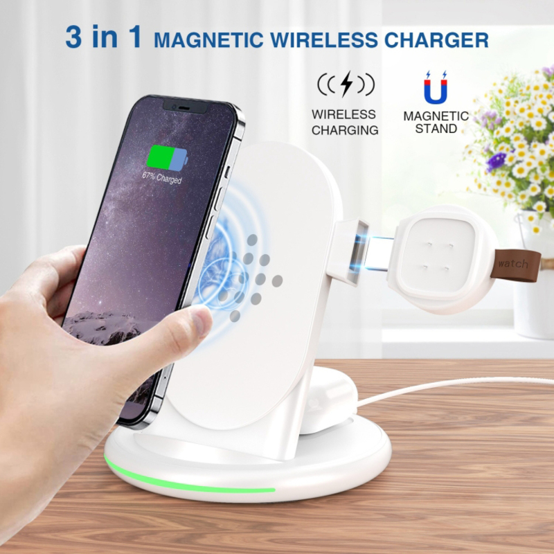 Amberjack W-02C Magnetic Vertical 3-in-1 Wireless Charger, EU Plug, White