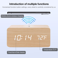 Amberjack KD8801 Regular Style Wooden Creative Wireless Charger with LED Mirror Digital Display, Sub-Alarm Clock and White Characters, 5W, Black