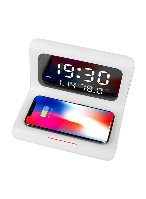 Amberjack RT1 QI Universal Multi-Function Mobile Phone Wireless Charger with Alarm Clock, Time + Calendar and Temperature Display, 10W, White
