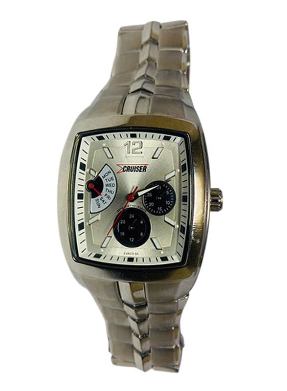 ساعة يد كروزر بعقارب للرجال وسوار ستانلس ستيل، كرونوغراف، C6155G، فضي - أبيض