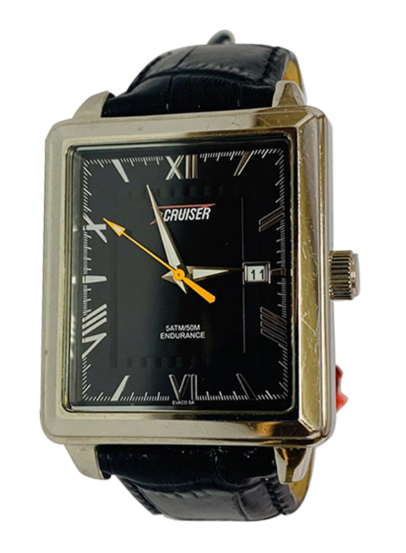 ساعة يد كروزر بعقارب للرجال وسوار من الجلد، C2660G، أسود - أسود