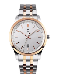 JC Analog Watch for Men with Stainless Steel Band, 1134, Silver/Rose Gold-White