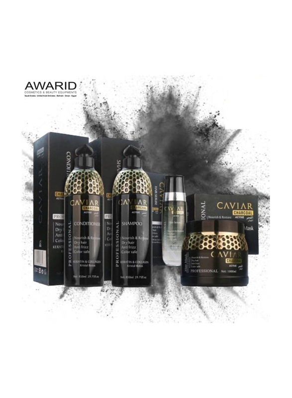 Caviar Keratin and Active Collagen Charcoal Set with Shampoo 850ml, Conditioner 850ml, Hair Mask 1000ml and Serum 120ml, 4 Pieces