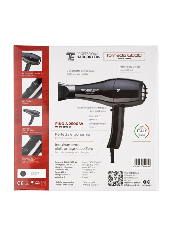 Tecno Elettra Tornado 6000 Super Turbo Professional Hair Dryer, 2500W, Silver